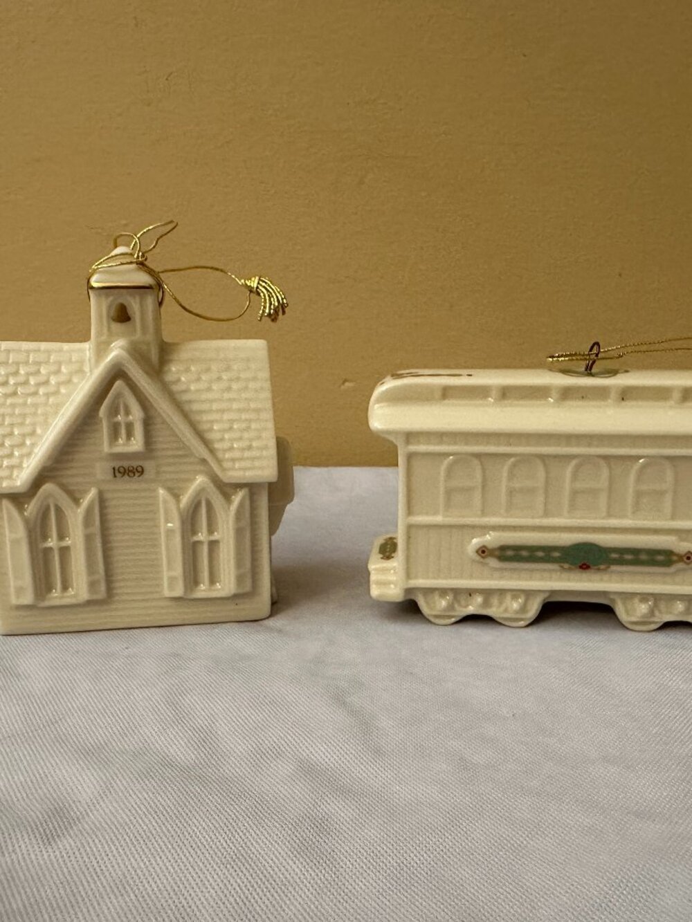2 Lenox Christmas Ornaments / 1989 Village Church and 1990 Yuletide Express